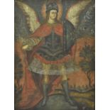Cuzcos School - Winged Saint wearing a red and black costume trimmed with lace, holding a shield