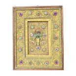 Tibetan style framed Buddha within a recessed jewelled and gilt filigree surround, 10.5" x 8.5"