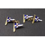 Pair of 9ct and enamel set 'Cowes' cufflinks modelled as sailing boats, 16mm wide