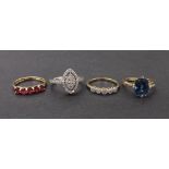 Four various 9ct diamond and gem set dress rings, 9.5gm (4)