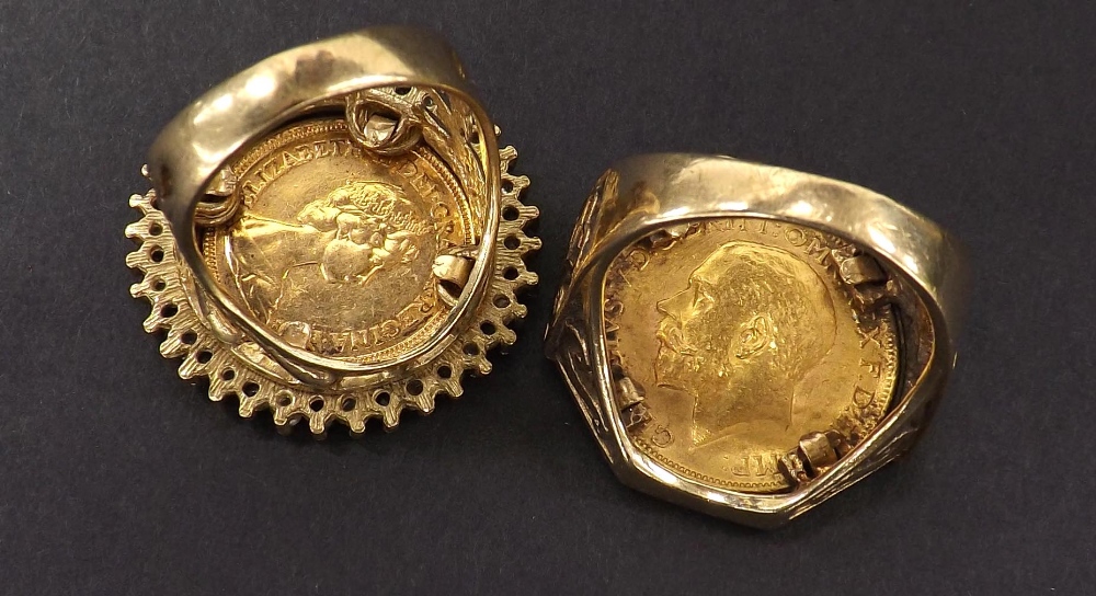 9ct full sovereign ring and a 9ct half sovereign ring, 28.8gm (2) - Image 2 of 2