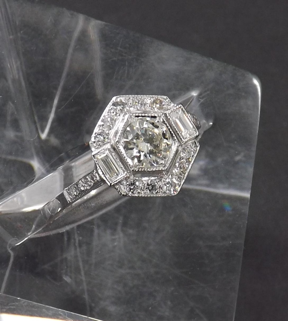 Art Deco style 18ct white gold diamond cluster ring, with round brilliant and baguette-cut