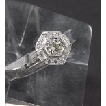 Art Deco style 18ct white gold diamond cluster ring, with round brilliant and baguette-cut