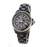 Chanel J12 black ceramic dress bracelet watch, circular black dial with diamond hour markers, date