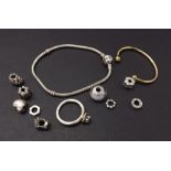 Pandora bracelet and charms; also a 9ct baby torque bangle
