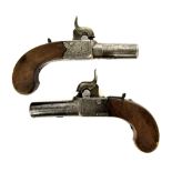 Pair of box lock percussion cap pocket pistols, with concealed folding triggers and foliate engraved