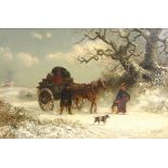 Thomas Smyth (1825-1906) - Travellers with their horse and cart in a winter landscape, a dog in