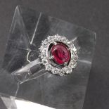 9ct white gold cabochon ruby and diamond cluster ring, 5.4gm, 15mm x 14mm, ring size L