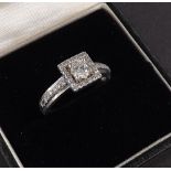 Attractive 18ct white gold diamond square cluster ring, the principal round brilliant-cut diamond