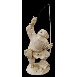 Japanese ivory okimono, carved and modelled as a portly fisherman with fishing rod in one hand and a