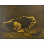 French School (19th century) - Breton bull lying in a stable interior, with a water bucket in the