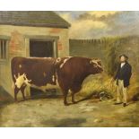 R**G**Brown (19th century) - Prize bull with a farmer standing nearby, signed and dated 1850, oil on