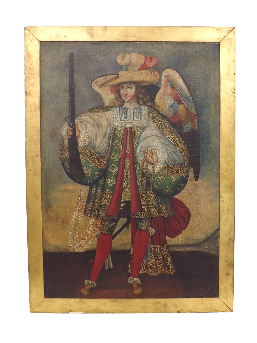 Cuzcos School - Winged figure of a man, wearing an elaborate embroidered costume with red stockings, - Image 2 of 2