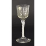 18th century drinking glass, the circular bowl upon an air-twist stem and convex circular foot, 6.