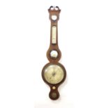 19th century mahogany inlaid five glass wheel barometer, with an 8" silvered dial surmounted by a