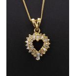 18ct diamond set open heart pendant on a slender necklet, with baguette and round brilliant-cut