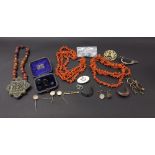 Assorted jewellery to include two coral necklets, piqué work crescent brooch, Norwegian silver
