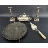 Silver plate to include an entree dish and cover, pair of 19th century candlesticks, 10" high;