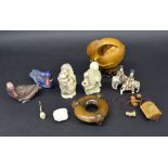 Small collection of Japanese decorative items including two faux ivory figures of gentlemen in