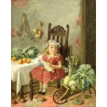 Charles Hunt (1803-1877) - Girl in an interior holding a doll, with vegetables all around, signed