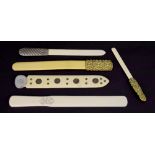 Paper knives/letter openers - five various ivory examples, four with silver and brass applied