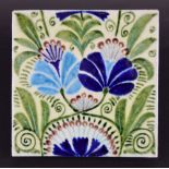 William De Morgan Merton Abbey glazed floral tile, impressed factory marks, 6" square