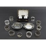 Pair of cased silver napkin rings; also ten other various napkin rings and a pair of Victorian