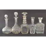 19th century triple ring neck decanter and stopper, 12" high; together with four other glass