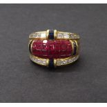 Large and impressive 18ct ruby, diamond and sapphire set ring, ruby spread 18mm x 8mm, ring size N-