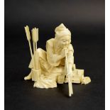 Japanese ivory okimono modelled as an arrowsmith in a kneeling position holding an arrow