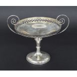 Edwardian silver twin-handled pedestal tazza, with a pierced trellis border upon a circular foot,