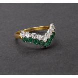 18ct yellow gold emerald and diamond wishbone design ring, round brilliant-cut diamonds estimated