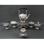 Dutch silver six piece tea service, of oval baluster form decorated with reeded bands, comprising