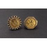 9ct full sovereign ring and a 9ct half sovereign ring, 28.8gm (2)