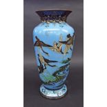 Large Japanese cloisonne shouldered vase, decorated with wild fowl and foliage on a powder blue