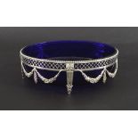 Dutch silver (.833) oval dish with a blue glass liner, the stand with a bead and oval pierced