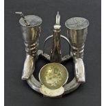 Elkington & Co novelty plated equine inspired three piece condiment set, 3.75" high