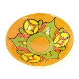 Poole Pottery Delphis circular bowl, with abstracts on an orange ground, shape 58, 13.5" diameter