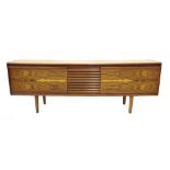 1960s teak long sideboard with three louvre central drawers flanked by rosewood veneered cupboards