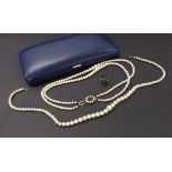 Cultured pearl two strand necklet with a 9ct stone set clasp, 14" long approx; a faux pearl