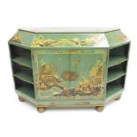 Good decorative chinoiserie green lacquered side cabinet retailed by Harrods, decorated with