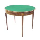 Regency flame mahogany foldover demi-lune card table, the top crossbanded with satinwood enclosing a