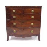 19th century mahogany bowfront chest of drawers, the crossbanded top over two short and three