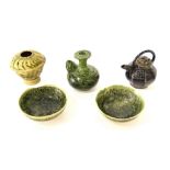 Three interesting miniature Chinese ceramic vessels and a pair of bowls, 3.5" diameter (5)