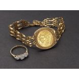 9ct gate bracelet set with a half sovereign; also a 9ct ring, 12.1gm (2)