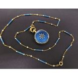 Attractive 18ct blue guilloche enamel fob watch, 21mm and matching gold chain, set with seed