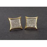 Pair of 9ct pavé set diamond square cluster ear studs with screw backs, 13mm
