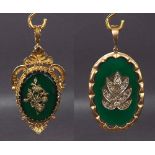 9ct mounted green stone oval and floral diamond set pendant; also another similar smaller 9ct