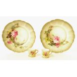 Royal Worcester - two similar miniature porcelain blush ivory tankards, each painted with roses,