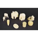 Selection of mixed antique ivory to include four various carvings of elephants, two Canton